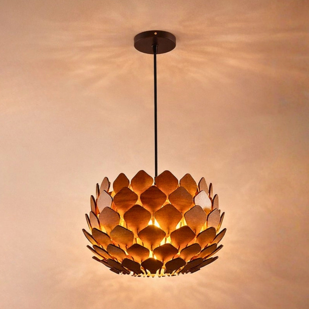 Lotus Mandala Signature wooden chandelier, lit