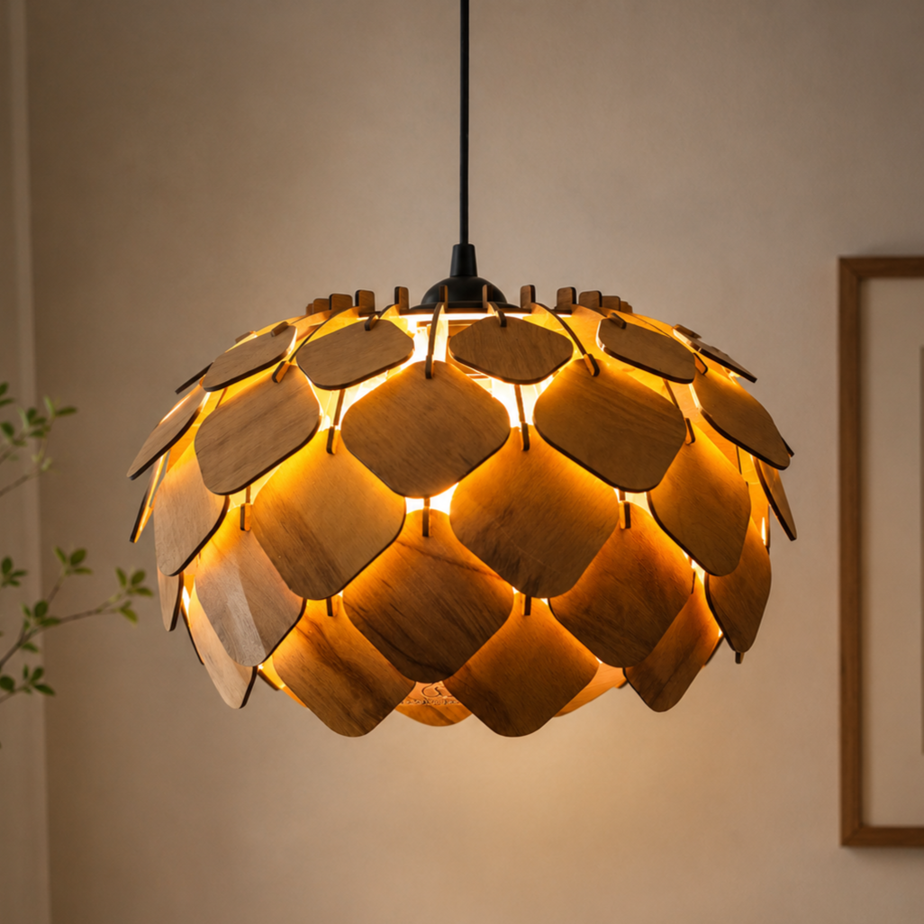 Wooden Lotus Grand Modern Pendant Light for Living Room & Entryway | Woodiography
