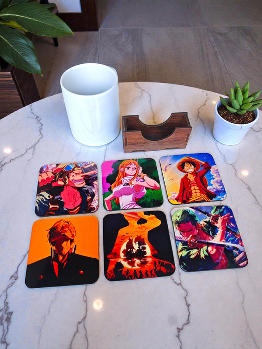 Wooden coaster set of 6 with stand ,One piece anime theme squre coaster