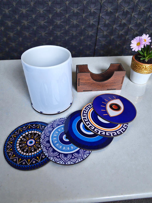 Evil eye themed coaster set of 6 with stand