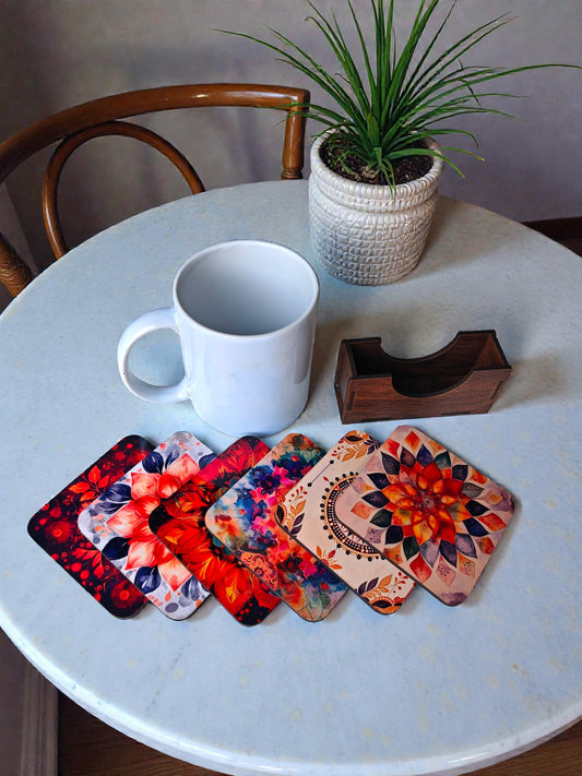 Floral theme wooden coaster set of 6 with stand squre