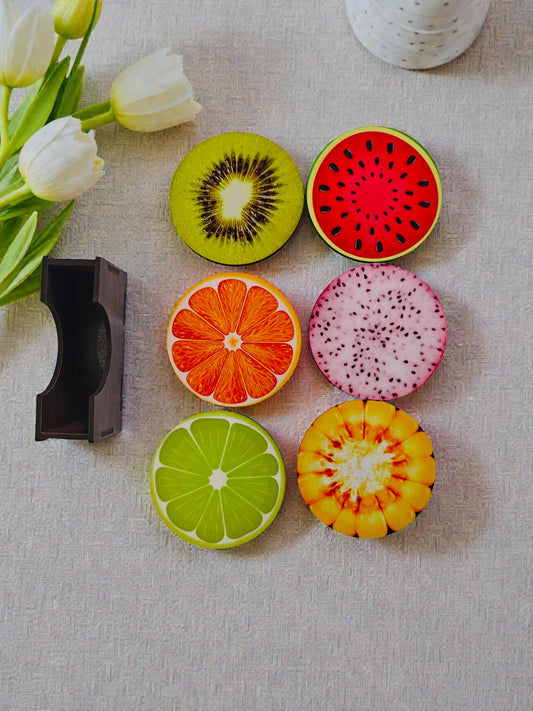 Fruit theme round wooden coaster set of 6 with stand