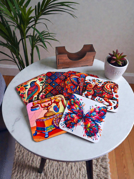 Indian quirky theme coaster set of 6 with holder round shape