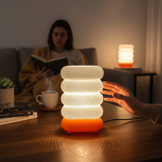 3D Printed orange white table lamp squre shape