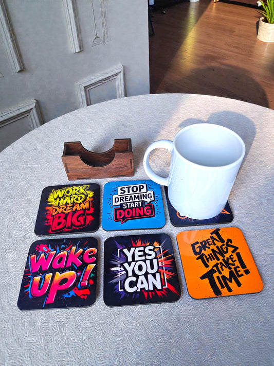 Motivational quotes quirky coaster set of 6 with stand