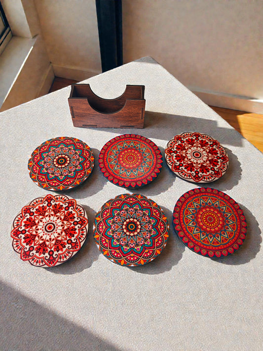 Mandala theme coaster set of 6 with stand round shape