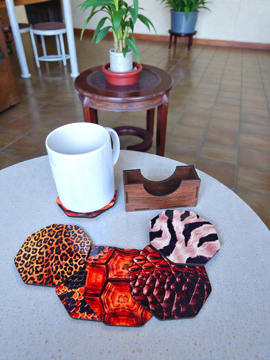 Animal skin theme wooden coaster set of 6 with stand