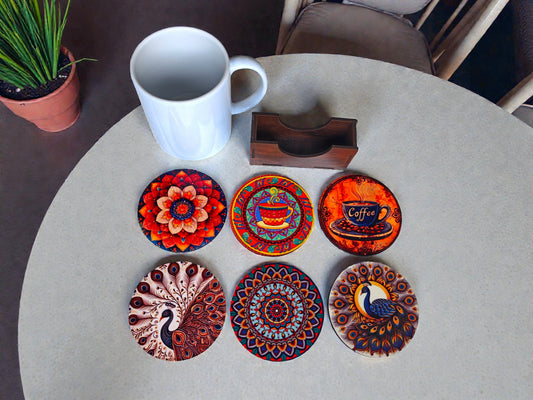peacock mandala theme Coaster set of 6 with stand
