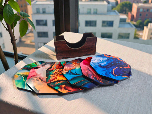 Marble theme coaster set of 6 with wooden holder
