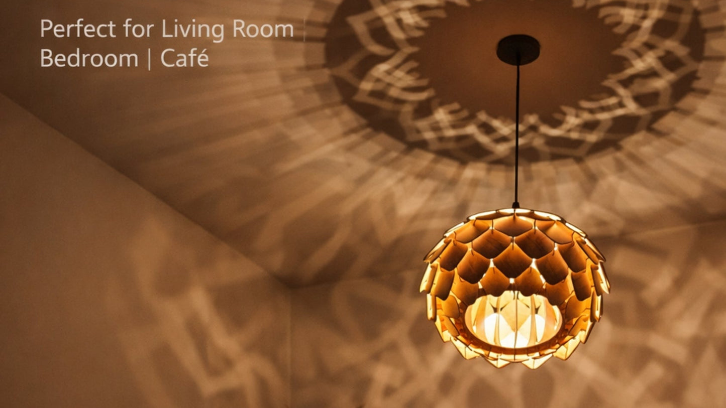 Wooden Ceiling Lamp with Artistic Shadow Patterns | Modern Decorative Hanging Light for Living Room & Bedroom | Woodiography CL002B