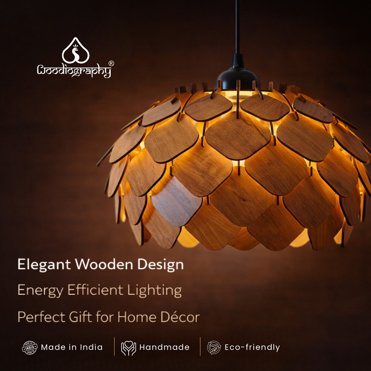 Wooden Ceiling Lamp with Artistic Shadow Patterns | Modern Decorative Hanging Light for Living Room & Bedroom | Woodiography CL002B