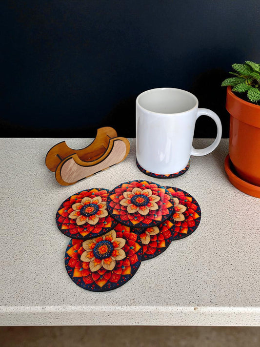 Round Floral theme wooden coaster set of 6 with stand