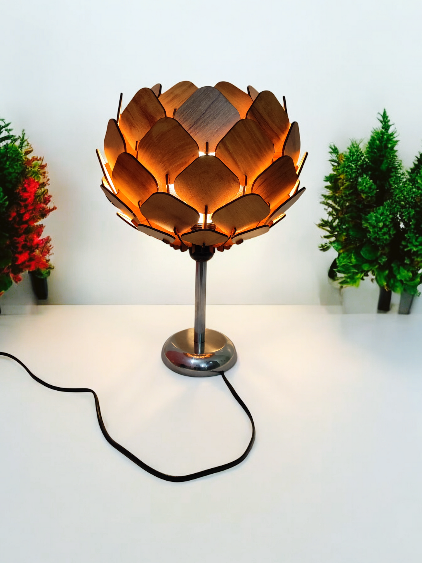 woodiography Handcrafted Wooden Table Lamp lotus shape