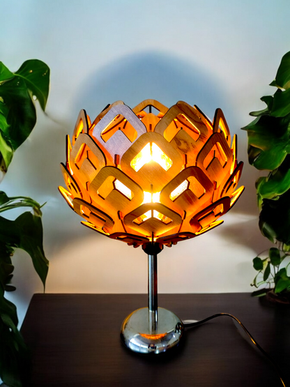 woodiography Handcrafted Wooden Table Lamp lotus shape with heart reflaction.