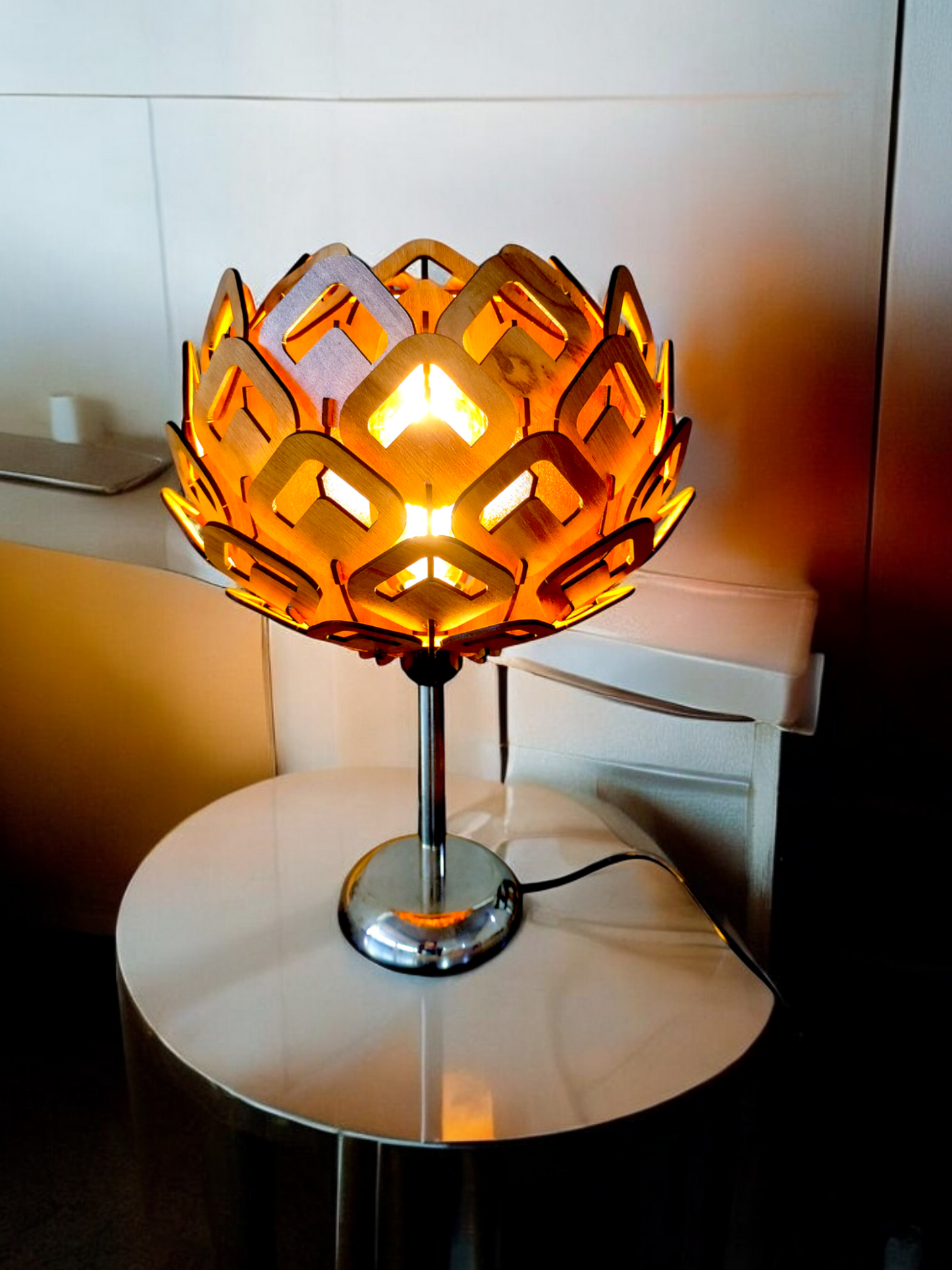 woodiography Handcrafted Wooden Table Lamp lotus shape with heart reflaction.