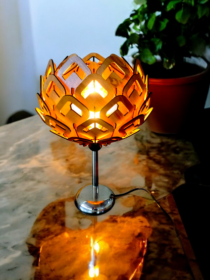 woodiography Handcrafted Wooden Table Lamp lotus shape with heart reflaction.