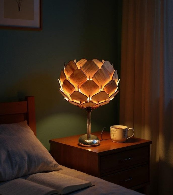 woodiography Handcrafted Wooden Table Lamp lotus shape
