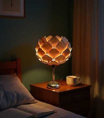 woodiography Handcrafted Wooden Table Lamp lotus shape