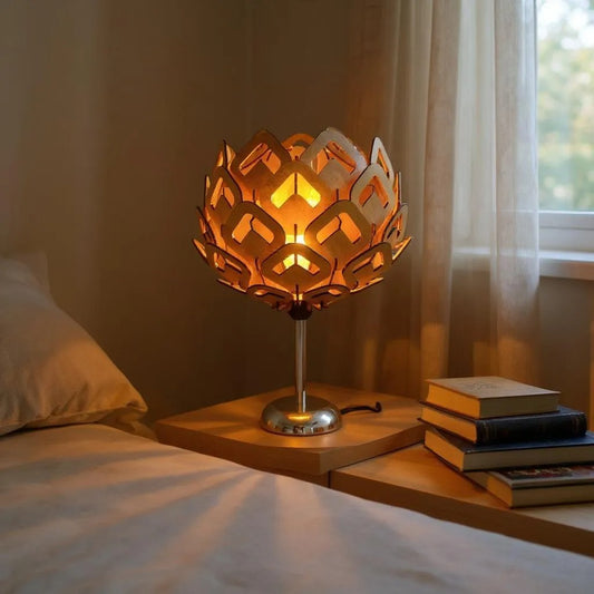 woodiography Handcrafted Wooden Table Lamp lotus shape with heart reflaction.