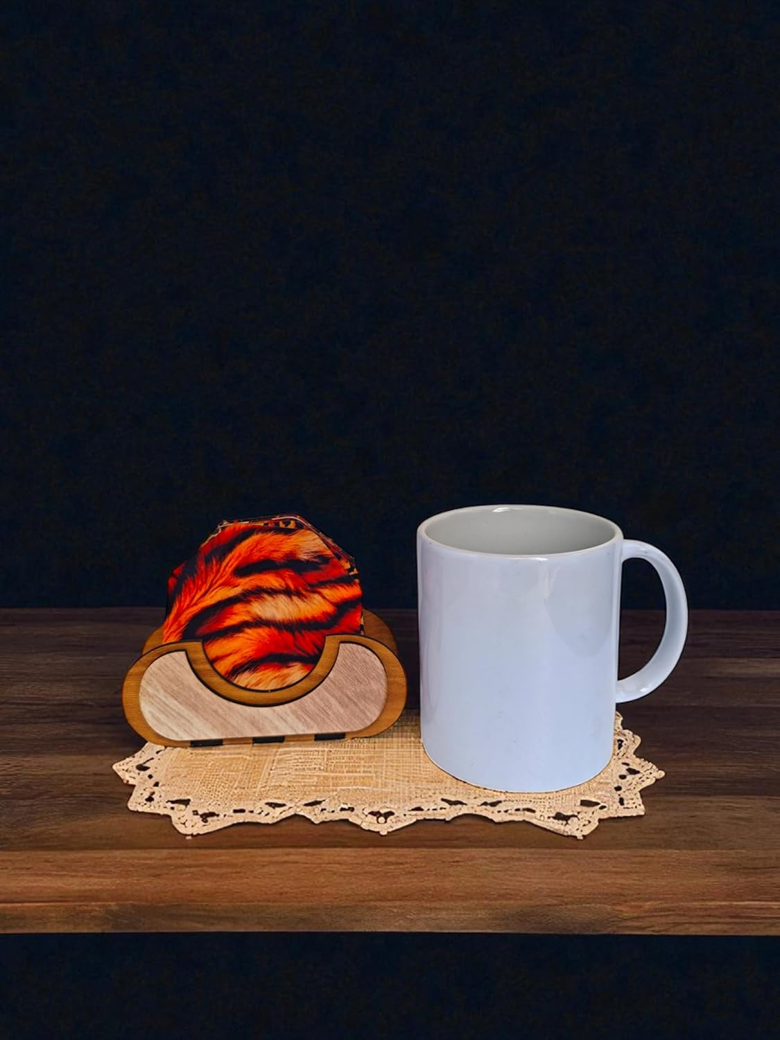 Animal Print Coasters Set of 6 with Wooden Stand, 8.9 cm Octagonal, Tiger Leopard Snake crocodial Turtle Zebra Pattern for Coffee Mugs