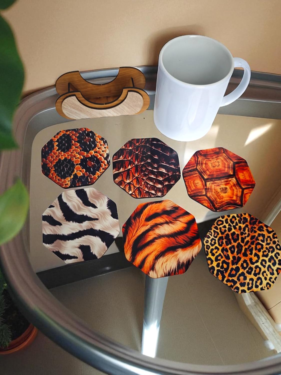 Animal Print Coasters Set of 6 with Wooden Stand, 8.9 cm Octagonal, Tiger Leopard Snake crocodial Turtle Zebra Pattern for Coffee Mugs