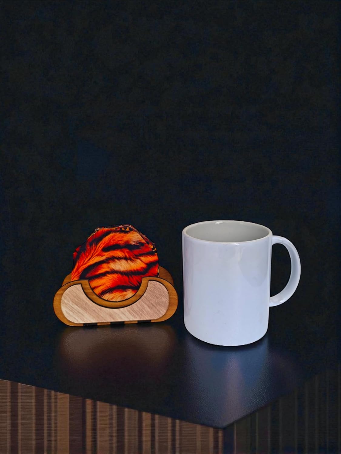 Animal Print Coasters Set of 6 with Wooden Stand, 8.9 cm Octagonal, Tiger Leopard Snake crocodial Turtle Zebra Pattern for Coffee Mugs