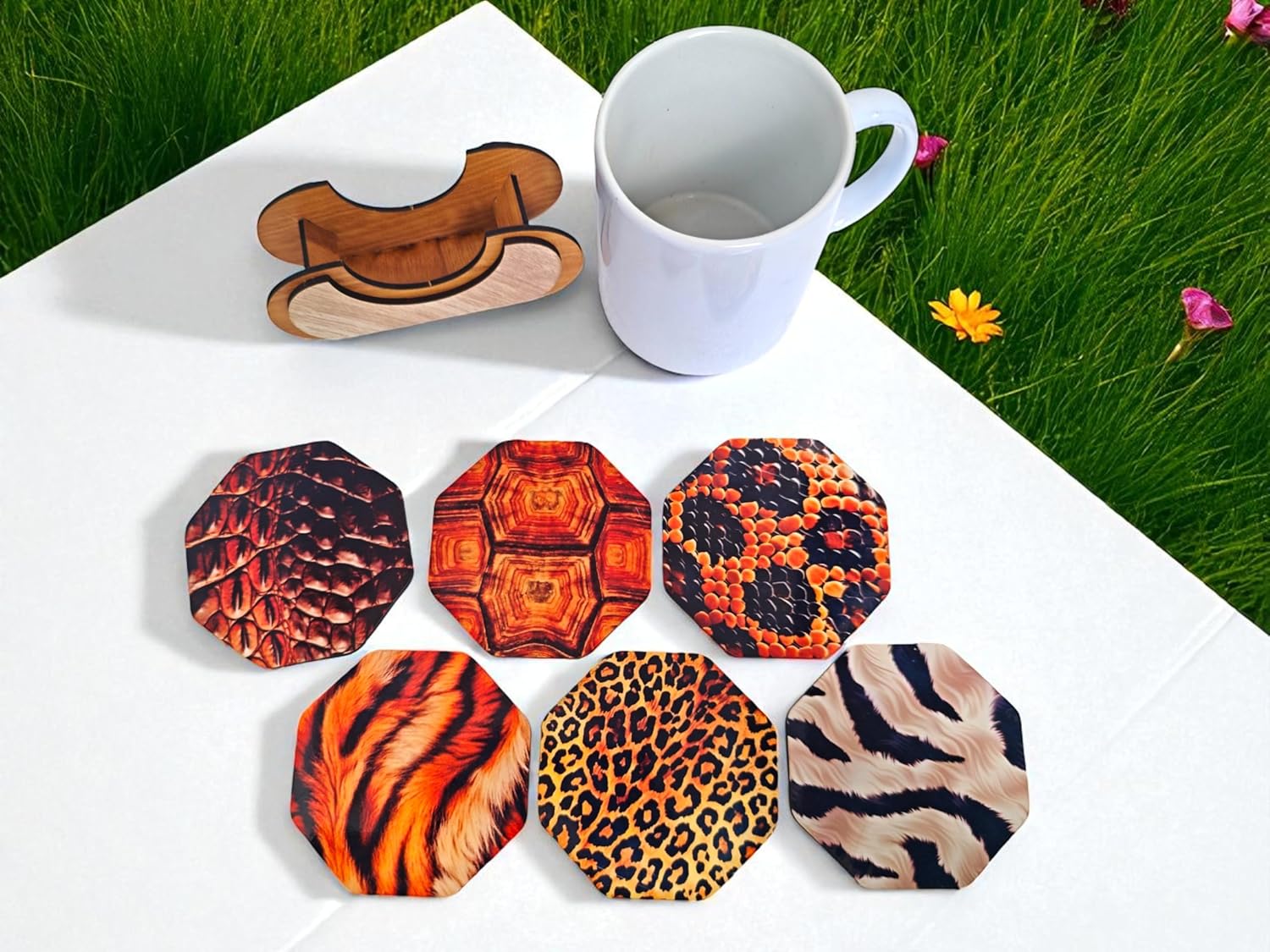 Animal Print Coasters Set of 6 with Wooden Stand, 8.9 cm Octagonal, Tiger Leopard Snake crocodial Turtle Zebra Pattern for Coffee Mugs
