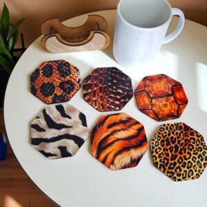 Animal Print Coasters Set of 6 with Wooden Stand, 8.9 cm Octagonal, Tiger Leopard Snake crocodial Turtle Zebra Pattern for Coffee Mugs