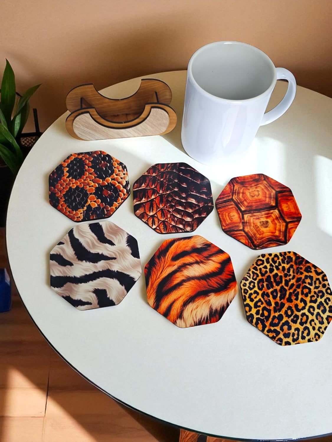 Animal Print Coasters Set of 6 with Wooden Stand, 8.9 cm Octagonal, Tiger Leopard Snake crocodial Turtle Zebra Pattern for Coffee Mugs
