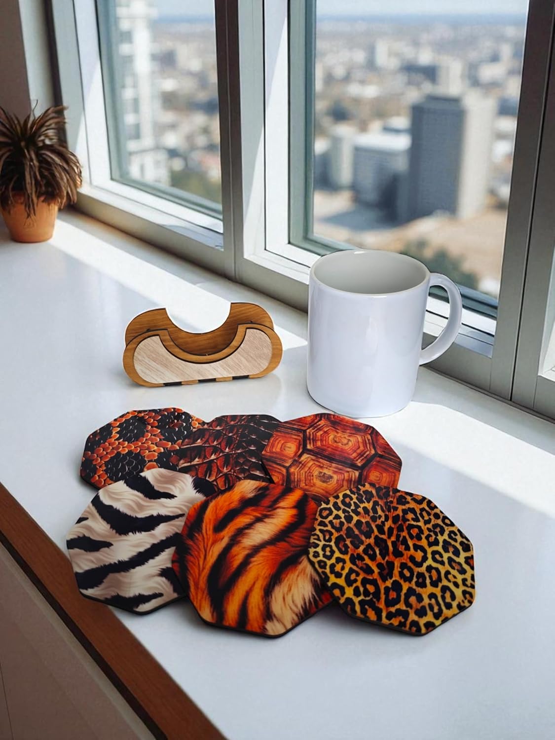 Animal Print Coasters Set of 6 with Wooden Stand, 8.9 cm Octagonal, Tiger Leopard Snake crocodial Turtle Zebra Pattern for Coffee Mugs