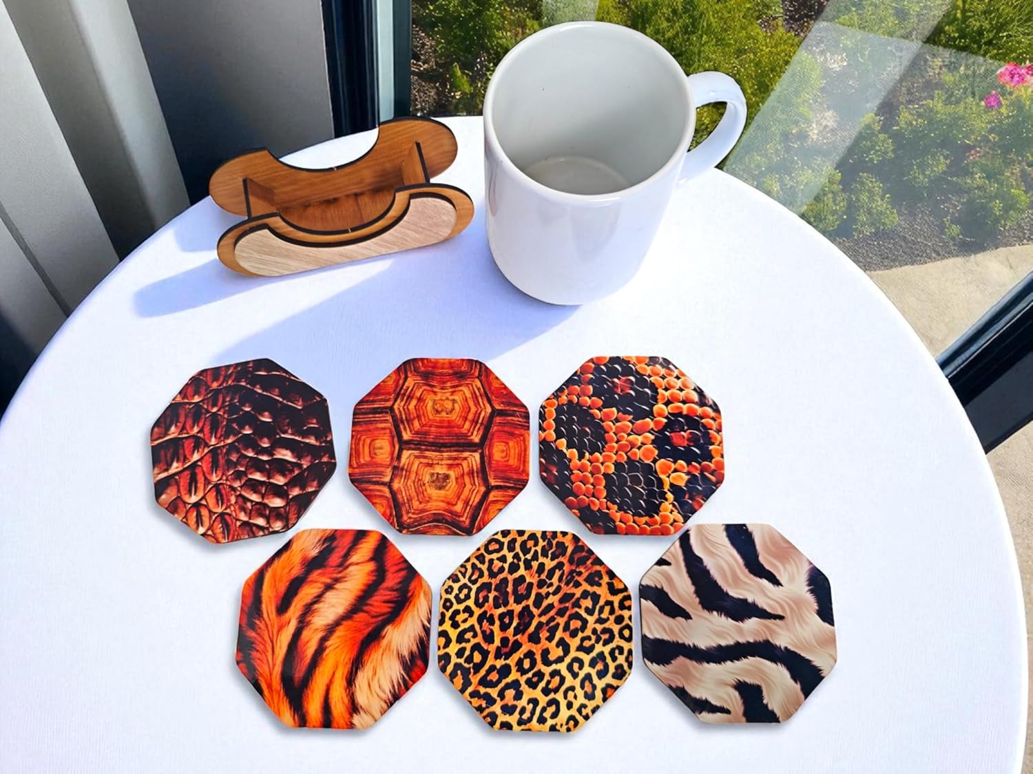 Animal Print Coasters Set of 6 with Wooden Stand, 8.9 cm Octagonal, Tiger Leopard Snake crocodial Turtle Zebra Pattern for Coffee Mugs