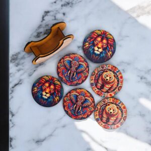 Woodiography Animal Theme Decorative Coasters with Holder, 85mm Round, Set of 6, Colourful Lion Elephant Bear Design for Tea Cup Coffee Mug and Drinking Glass