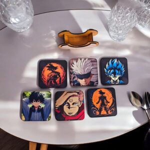 Woodiography Anime Character Wooden Coaster Set, 85x85 mm, 6 Pieces with Wooden Holder