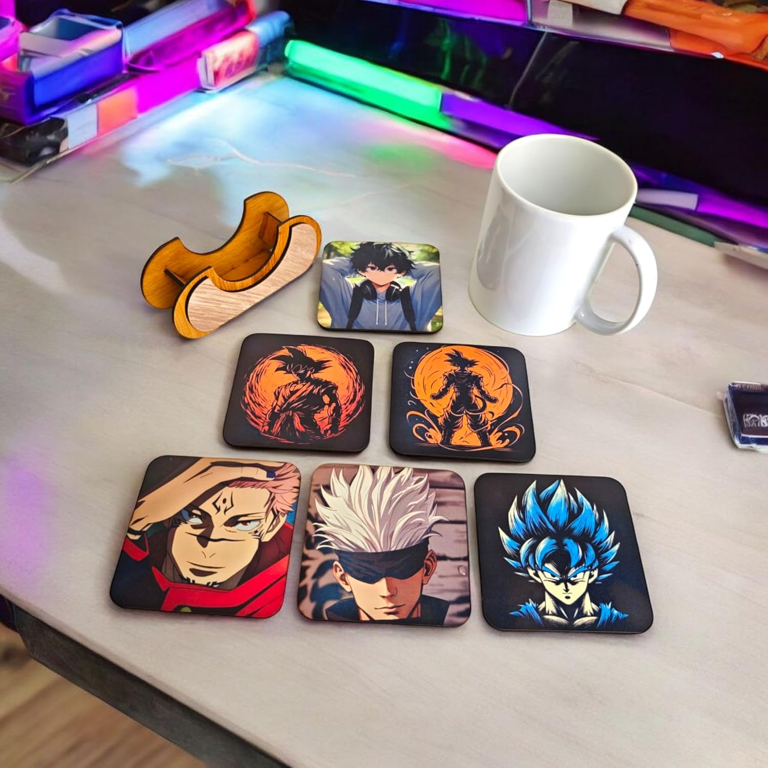 Woodiography Anime Character Wooden Coaster Set, 85x85 mm, 6 Pieces with Wooden Holder
