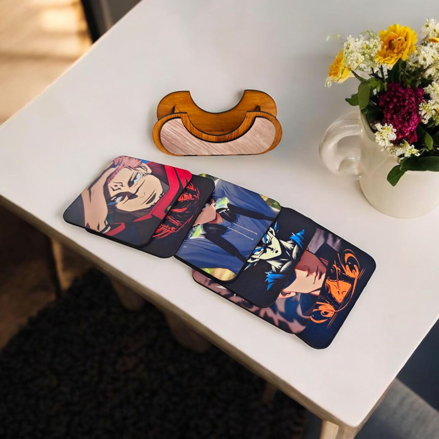 Woodiography Anime Character Wooden Coaster Set, 85x85 mm, 6 Pieces with Wooden Holder