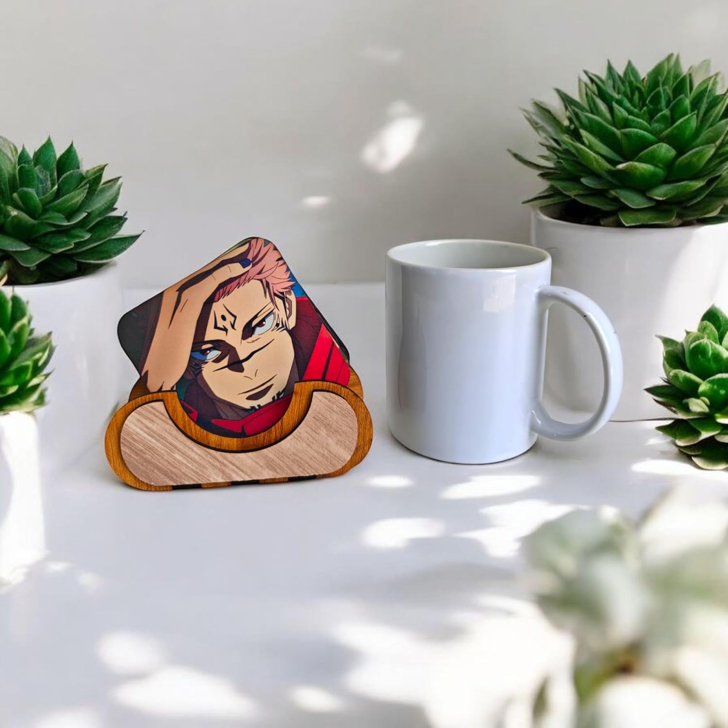 Woodiography Anime Character Wooden Coaster Set, 85x85 mm, 6 Pieces with Wooden Holder