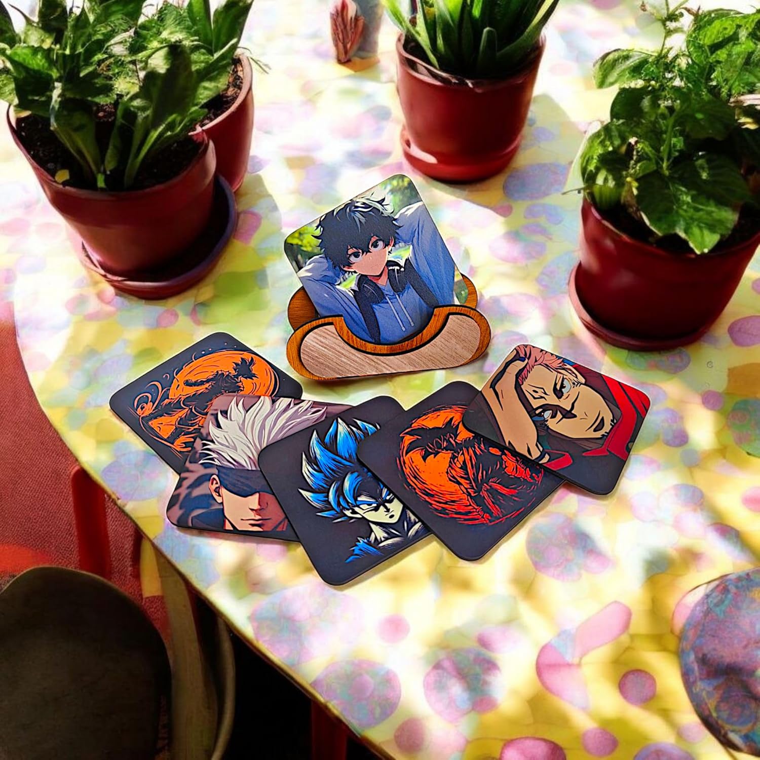 Woodiography Anime Character Wooden Coaster Set, 85x85 mm, 6 Pieces with Wooden Holder