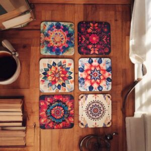 Woodiography Decorative Floral Coasters, 85x85 mm Square, Set of 6 with Holder, Mandala Design for Tea Cup Coffee Mug and Drinking Glass