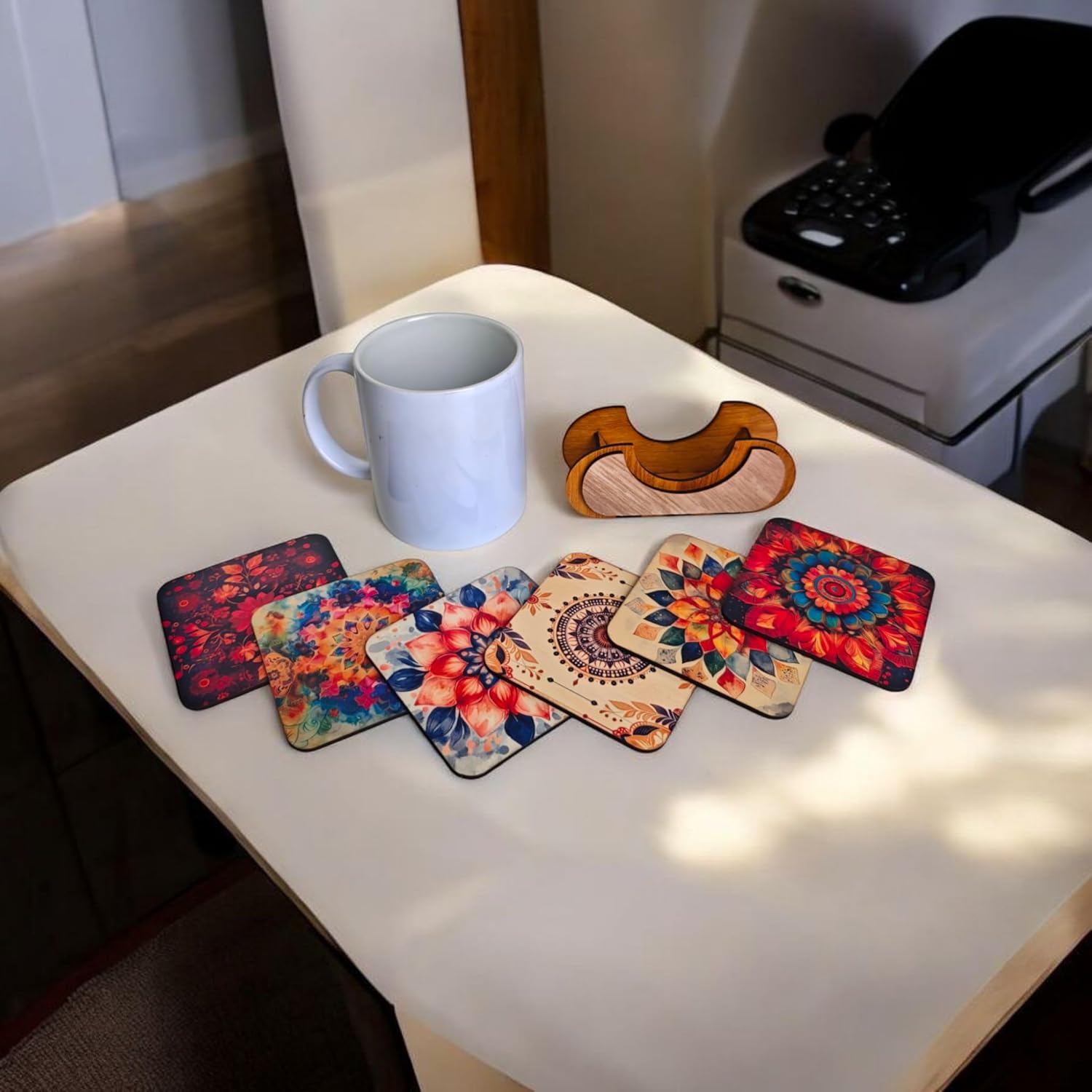Woodiography Decorative Floral Coasters, 85x85 mm Square, Set of 6 with Holder, Mandala Design for Tea Cup Coffee Mug and Drinking Glass