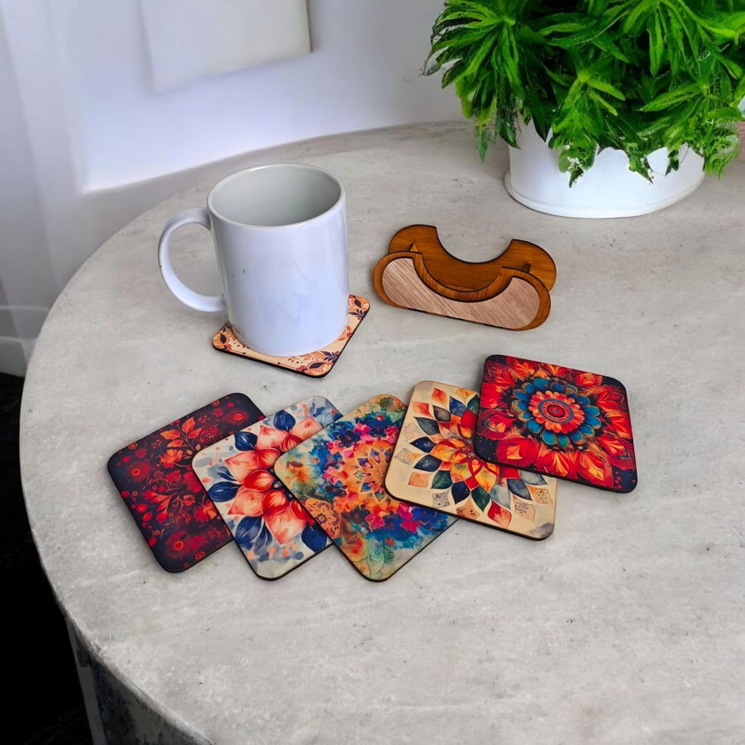 Woodiography Decorative Floral Coasters, 85x85 mm Square, Set of 6 with Holder, Mandala Design for Tea Cup Coffee Mug and Drinking Glass