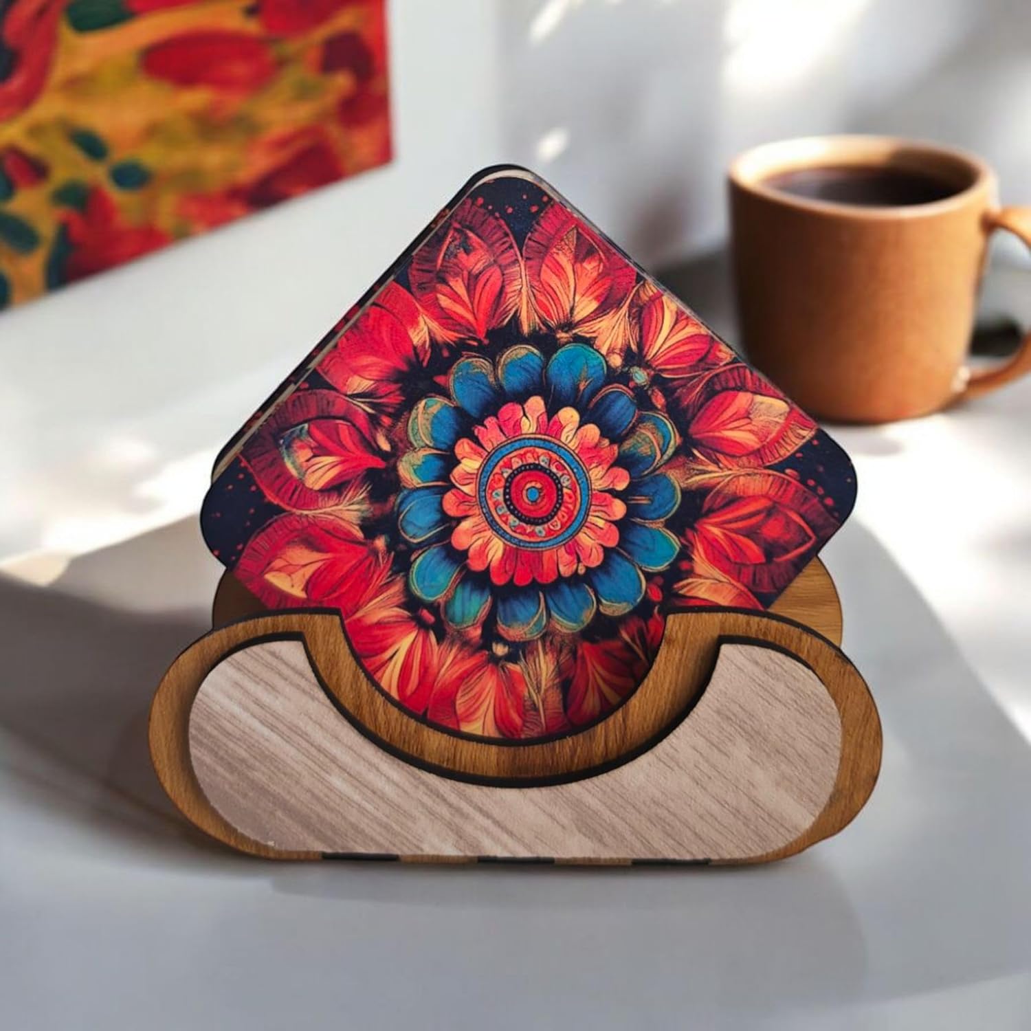 Woodiography Decorative Floral Coasters, 85x85 mm Square, Set of 6 with Holder, Mandala Design for Tea Cup Coffee Mug and Drinking Glass