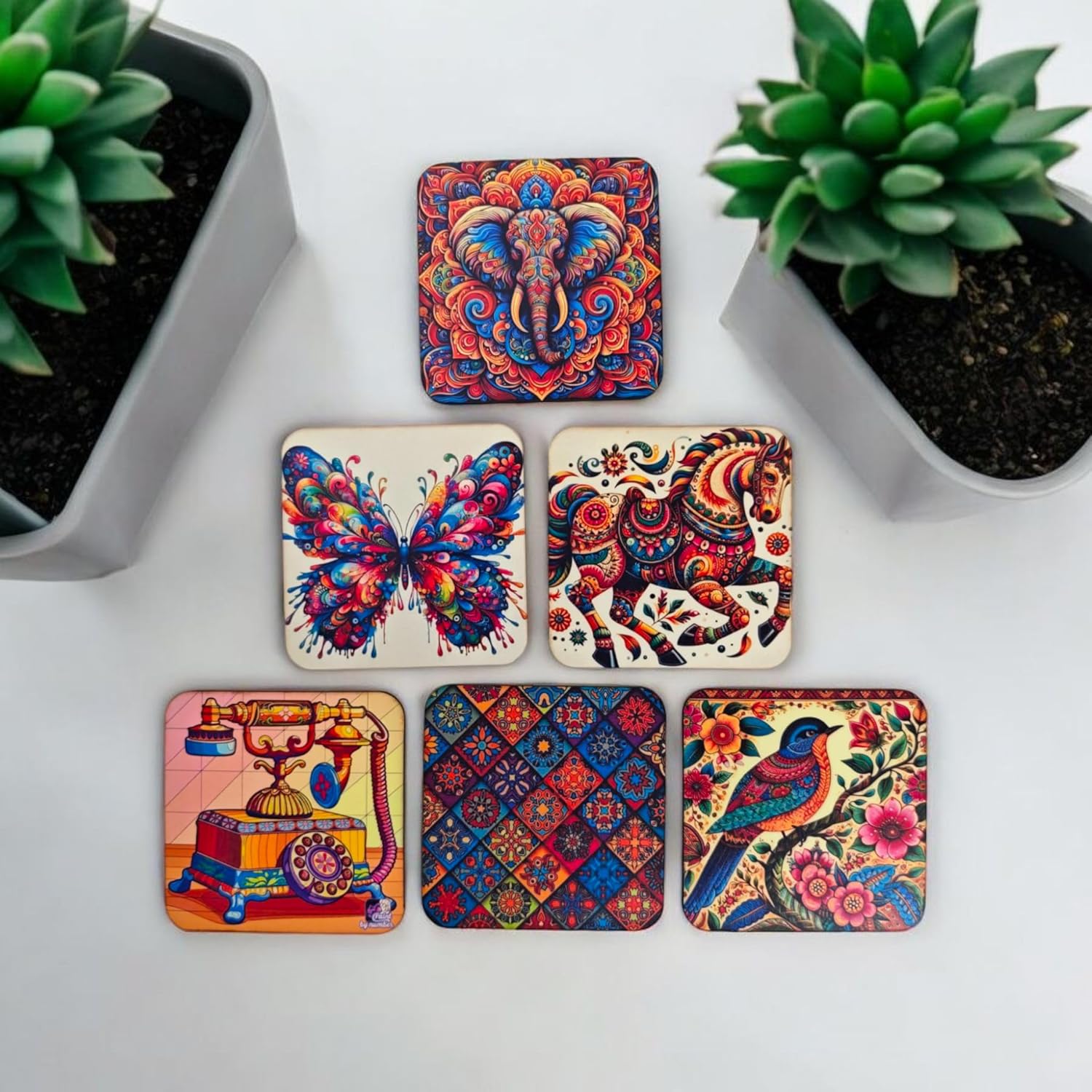 Woodiography Decorative Square Coasters, 85x85 mm, Set of 6, Colourful Folk Art Designs with Wooden Stand Butterfly Horse Sparrow Telephone Elephant and Colorfull Art