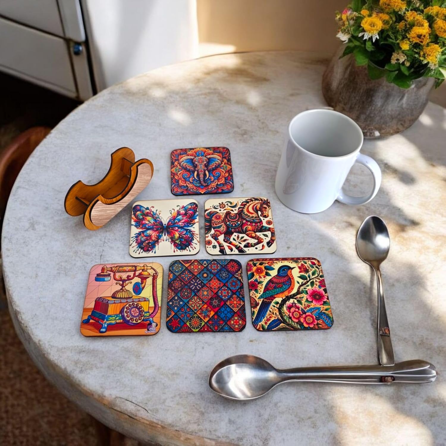 Woodiography Decorative Square Coasters, 85x85 mm, Set of 6, Colourful Folk Art Designs with Wooden Stand Butterfly Horse Sparrow Telephone Elephant and Colorfull Art