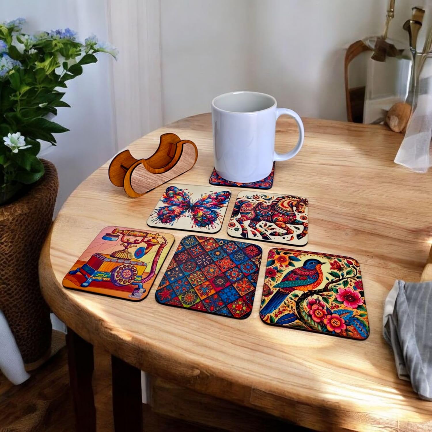 Woodiography Decorative Square Coasters, 85x85 mm, Set of 6, Colourful Folk Art Designs with Wooden Stand Butterfly Horse Sparrow Telephone Elephant and Colorfull Art