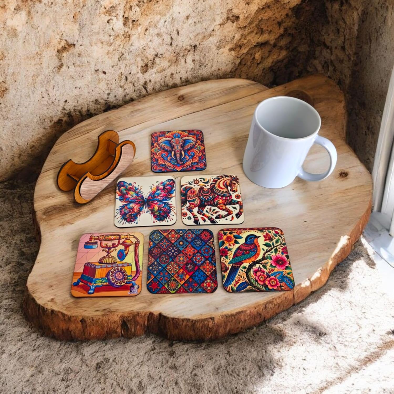 Woodiography Decorative Square Coasters, 85x85 mm, Set of 6, Colourful Folk Art Designs with Wooden Stand Butterfly Horse Sparrow Telephone Elephant and Colorfull Art