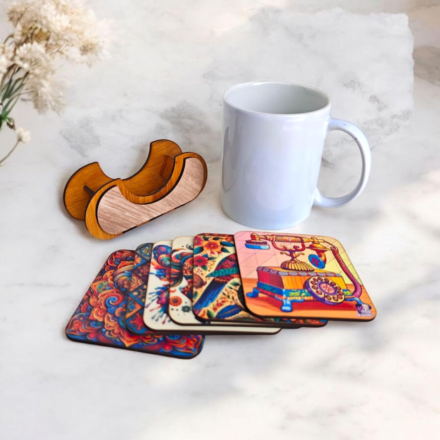 Woodiography Decorative Square Coasters, 85x85 mm, Set of 6, Colourful Folk Art Designs with Wooden Stand Butterfly Horse Sparrow Telephone Elephant and Colorfull Art