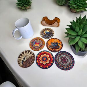 Woodiography Decorative Wooden Coasters Set with Holder, 85mm, 6 Pieces, Mandala and Peacock Design