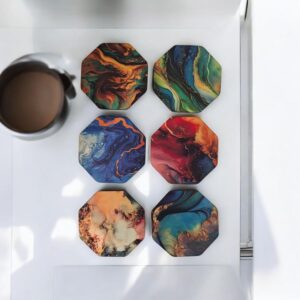 Woodiography Designer Marble Pattern Octagonal Wooden Coasters for Cups and Mugs, 8.5 x 8.5 cm, Set of 6 with Holder