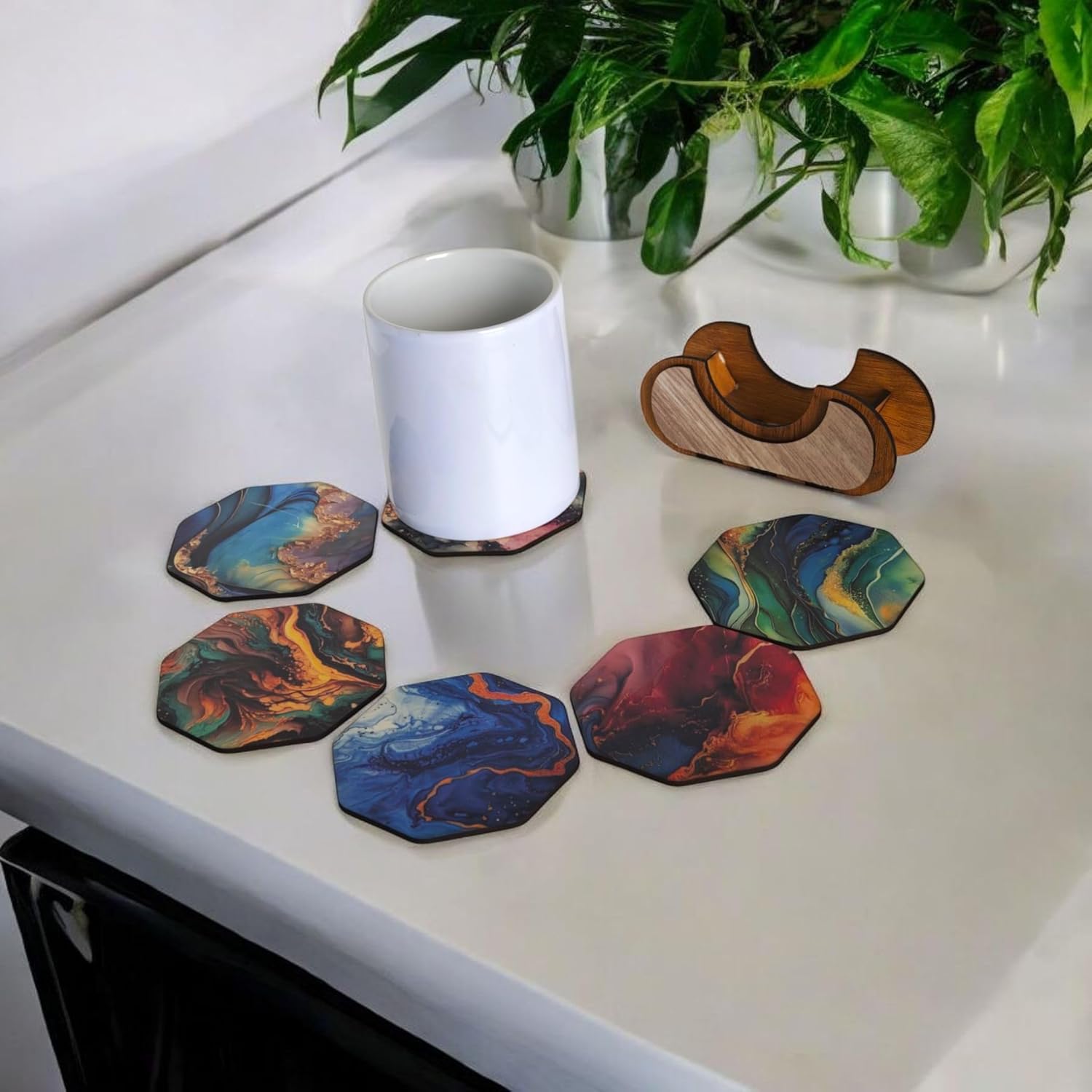 Woodiography Designer Marble Pattern Octagonal Wooden Coasters for Cups and Mugs, 8.5 x 8.5 cm, Set of 6 with Holder
