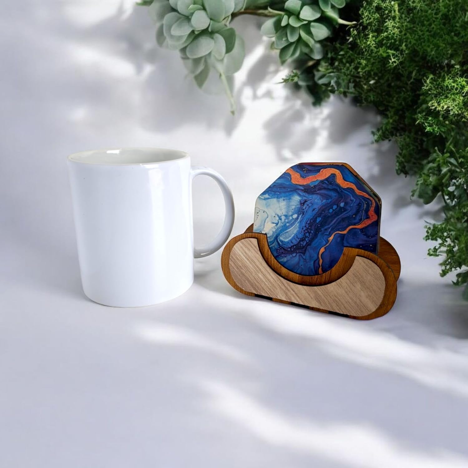 Woodiography Designer Marble Pattern Octagonal Wooden Coasters for Cups and Mugs, 8.5 x 8.5 cm, Set of 6 with Holder